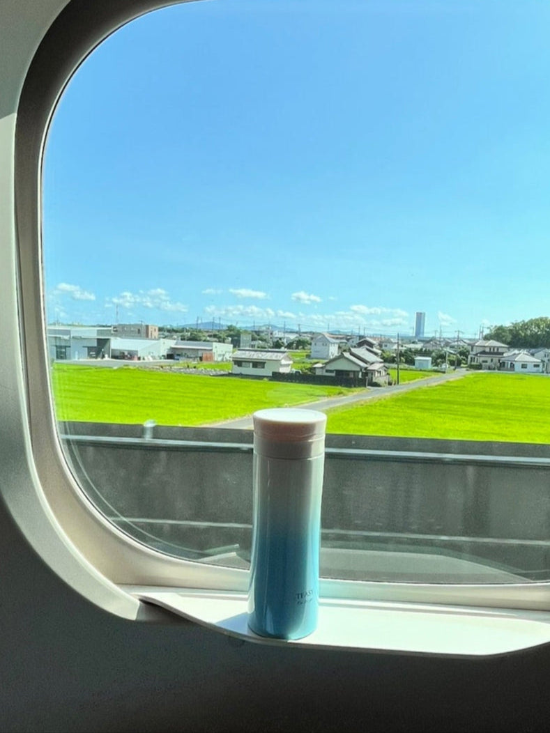 View from a train window showing TEASY On The Go infuser and green fields